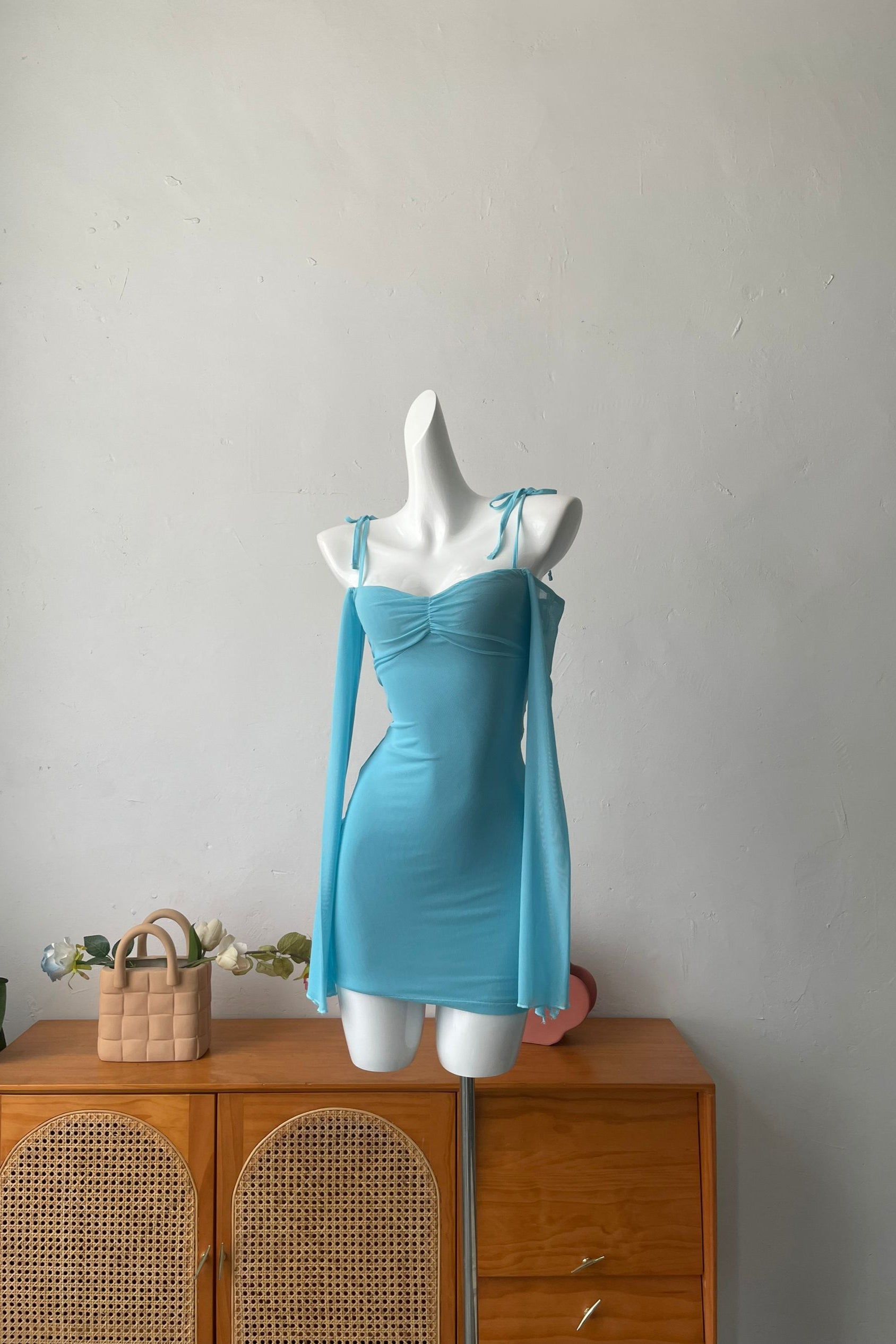 blue ruffled sleeve bandeau camisole dress