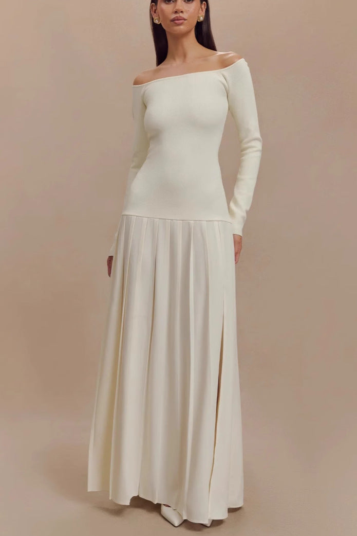 white Off-Shoulder Long-Sleeve Slit Pleated Dress