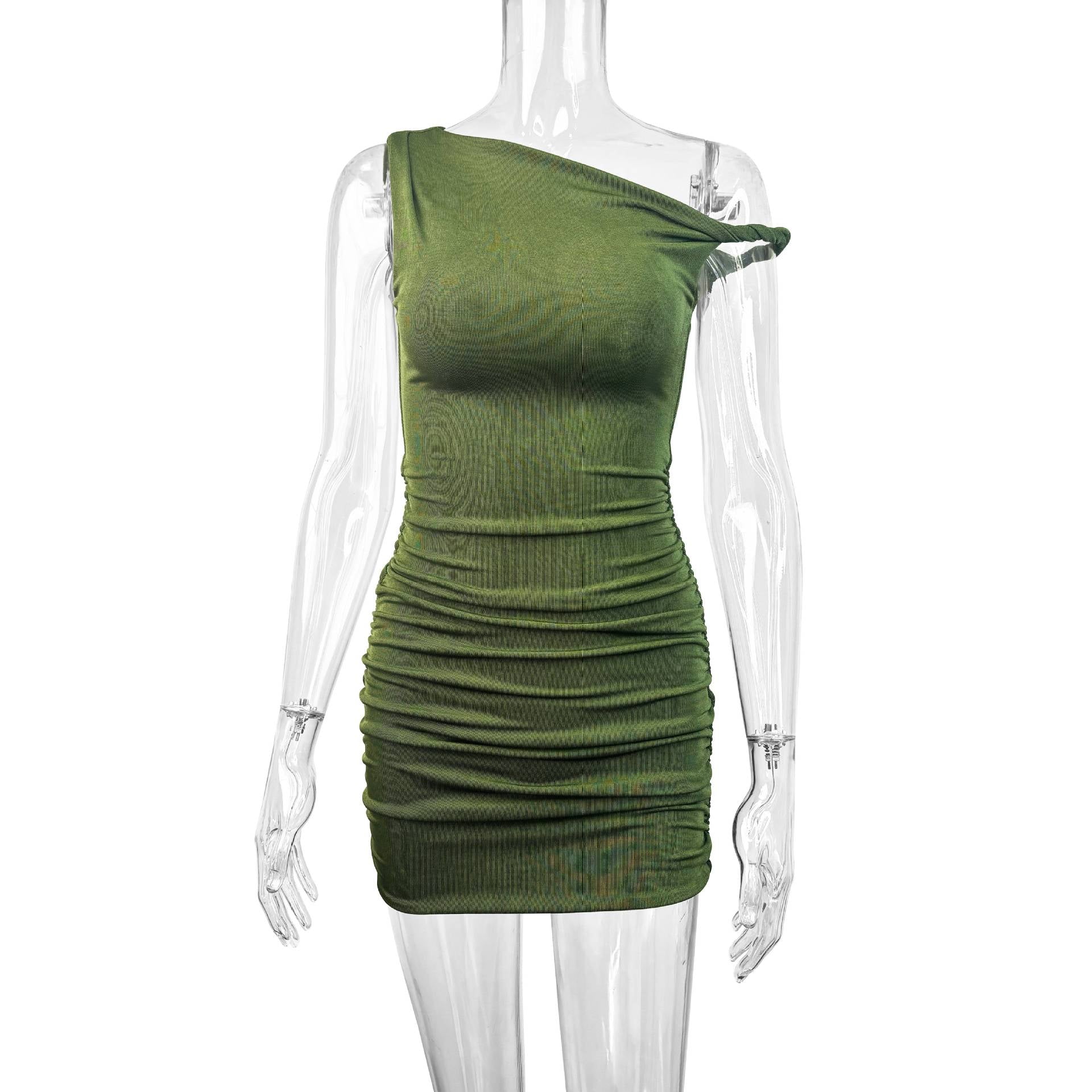green One-shoulder sleeveless pleated mini dress