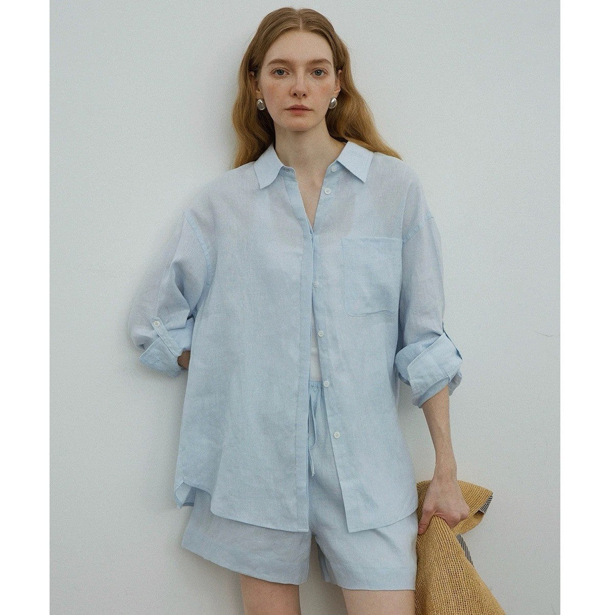 White linen oversized shirt and shorts set