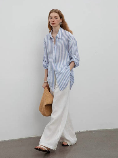blue and white Linen-Dyed Relaxed Silhouette Striped Shirt