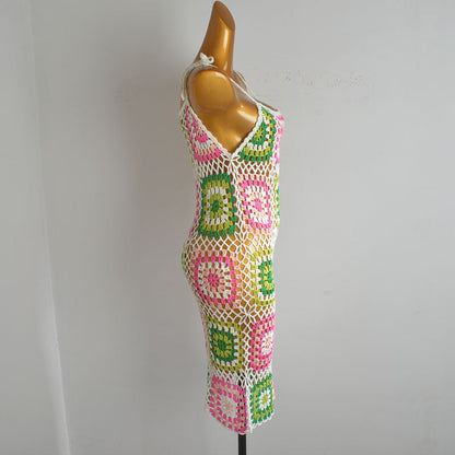 Pink & Green Granny Square Crochet Mini Dress