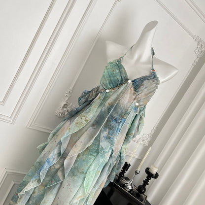 floral print ruffle trim midi dress in green - Holiday