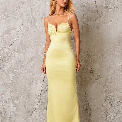yellow backless V-neck hip-hugging maxi dress