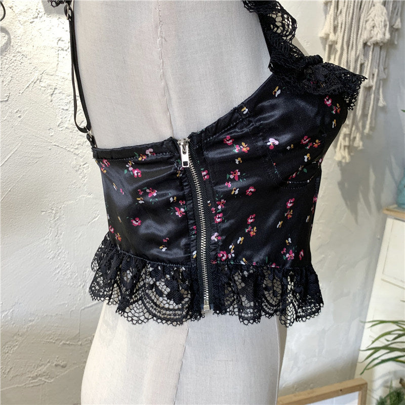 black floral lace panels suspenders
