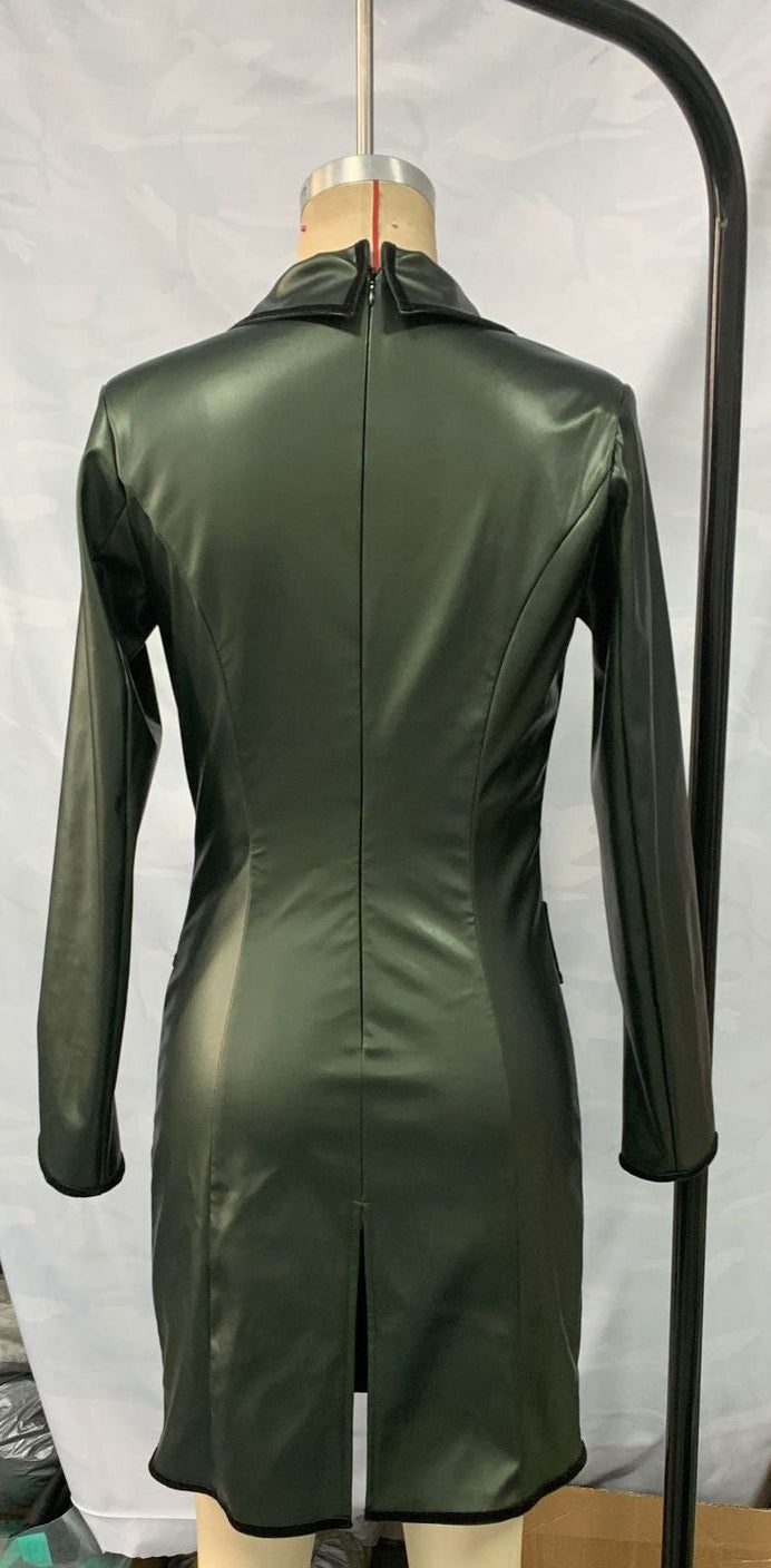 Green Lapel Long Sleeve Dress