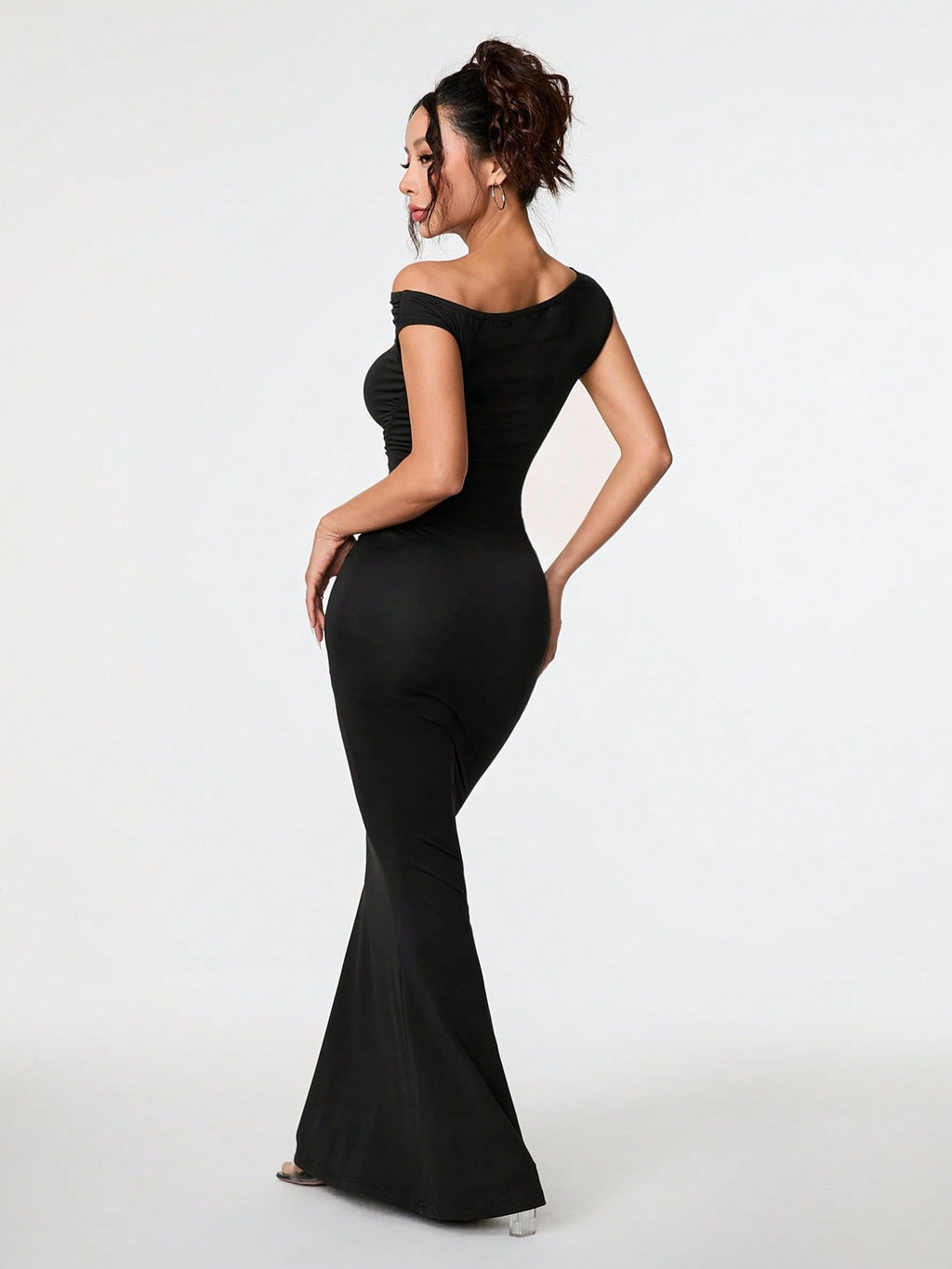 Black off-shoulder asymmetrical maxi dress