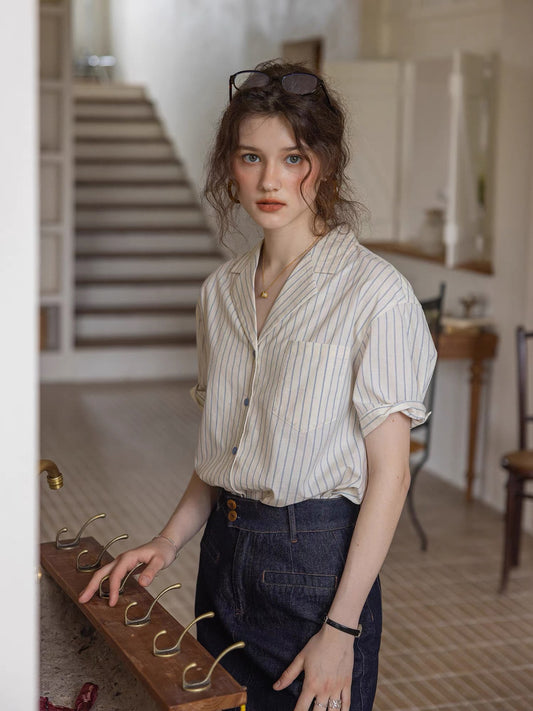 striped texture cotton-linen short collar shirt