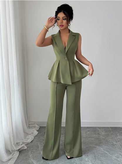 green Deep V-neck Sleeveless Pleated Top with Wide-Leg Pants Set