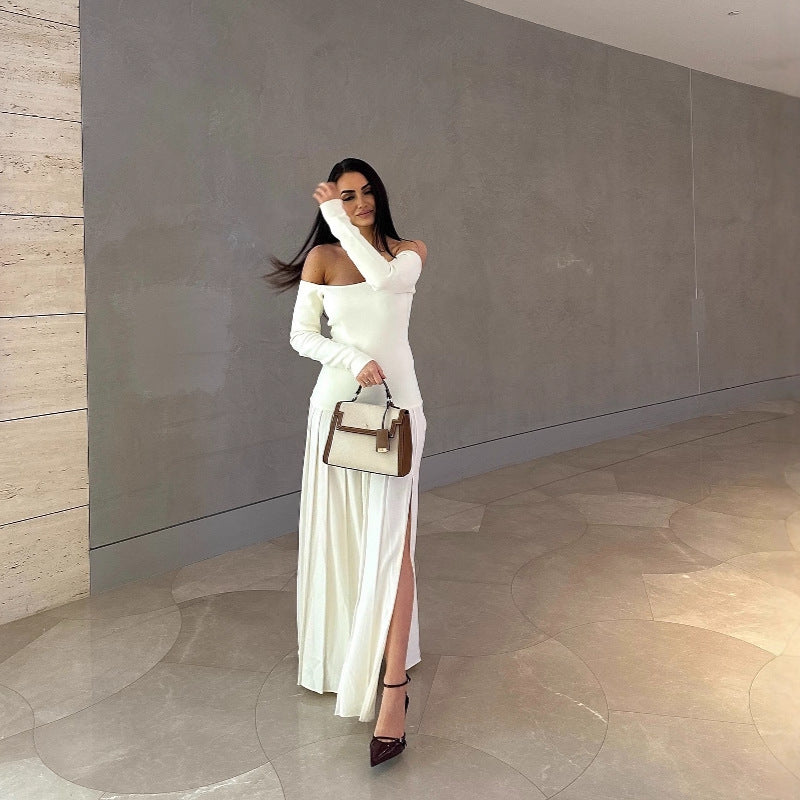 white Off-Shoulder Long-Sleeve Slit Pleated Dress