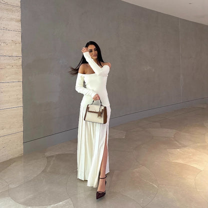 white Off-Shoulder Long-Sleeve Slit Pleated Dress