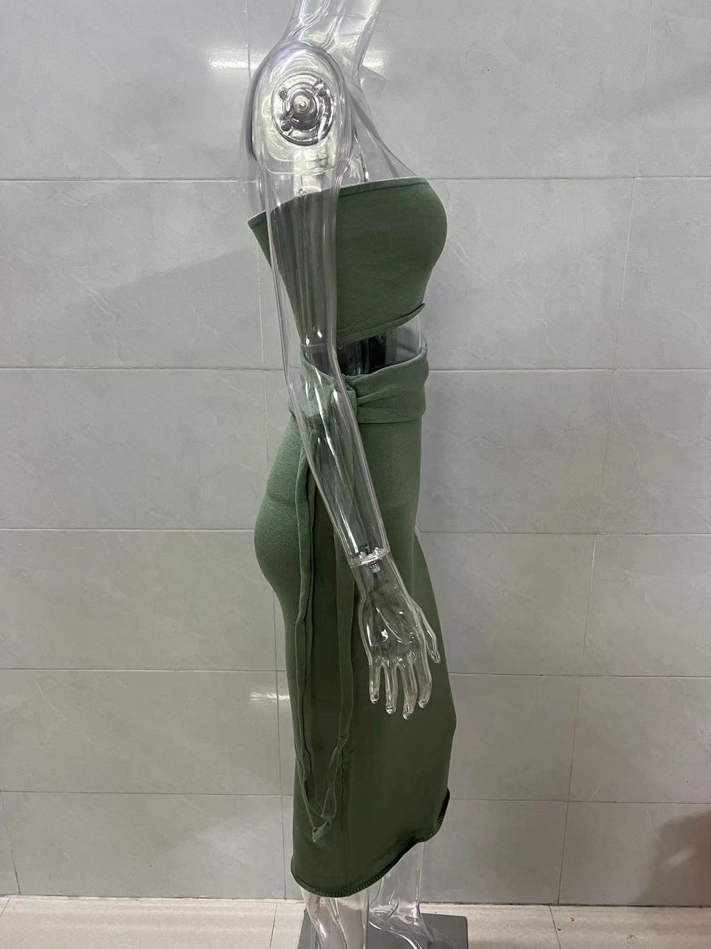 green cut-out backless bandeau lace-up knitted dress