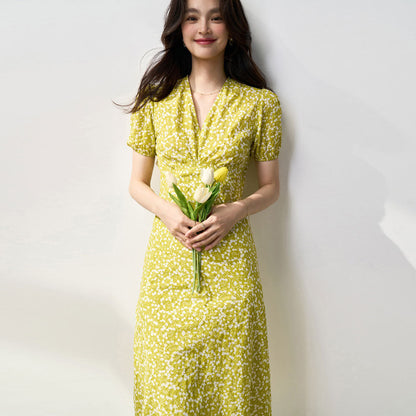 High-waisted V-neck pleated texture floral print midi dress - green