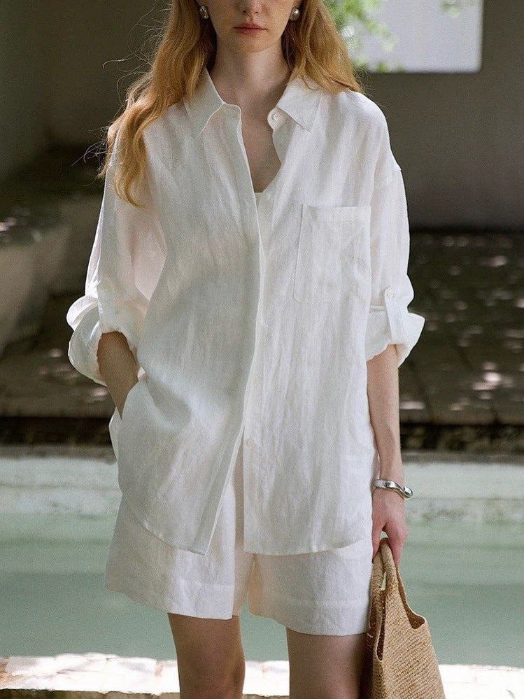 White linen oversized shirt and shorts set