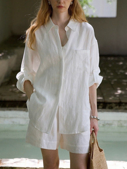White linen oversized shirt and shorts set