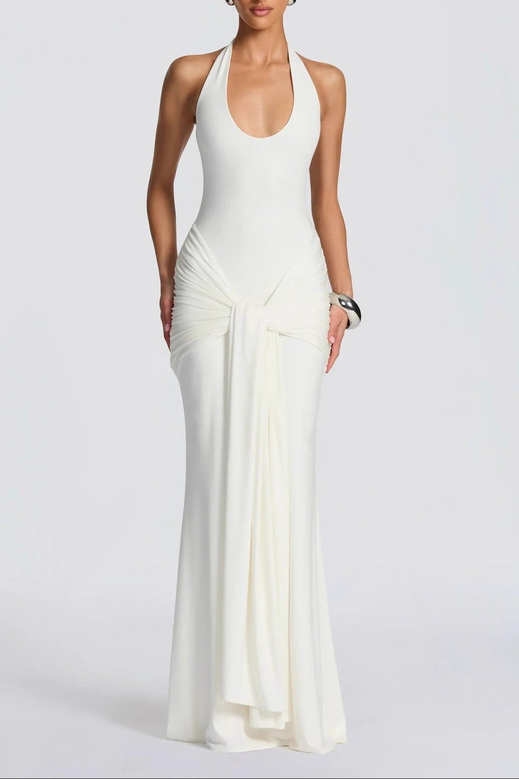 white streamer splicing suspender halterneck dress