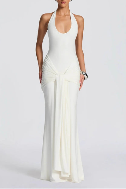 white streamer splicing suspender halterneck dress