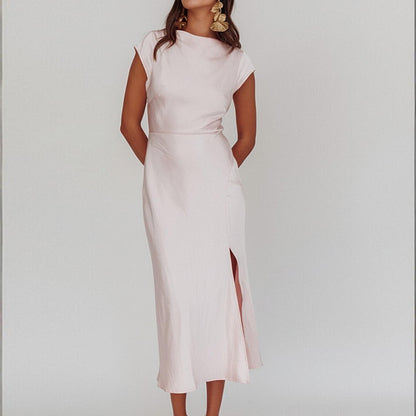 light pink Crew Neck Slit Slim Dress