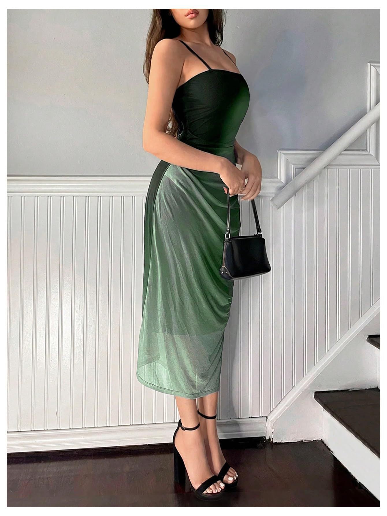 green Mesh Suspender Backless Dress
