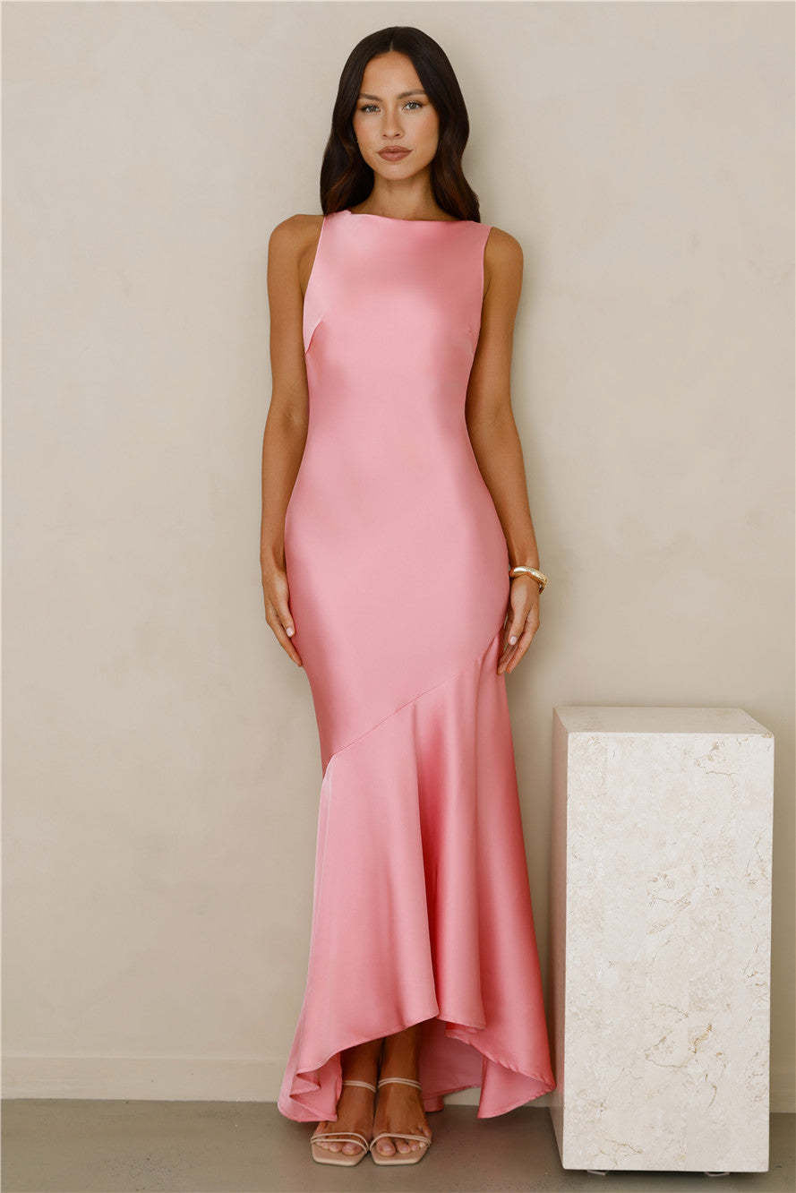 pink satin fishtail large swing maxi dress