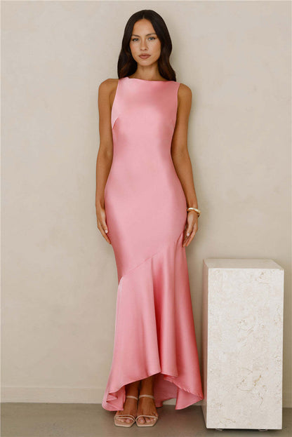 pink satin fishtail large swing maxi dress