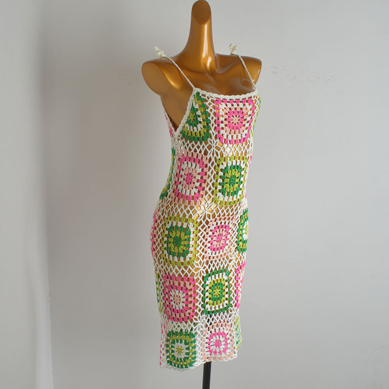 Pink & Green Granny Square Crochet Mini Dress