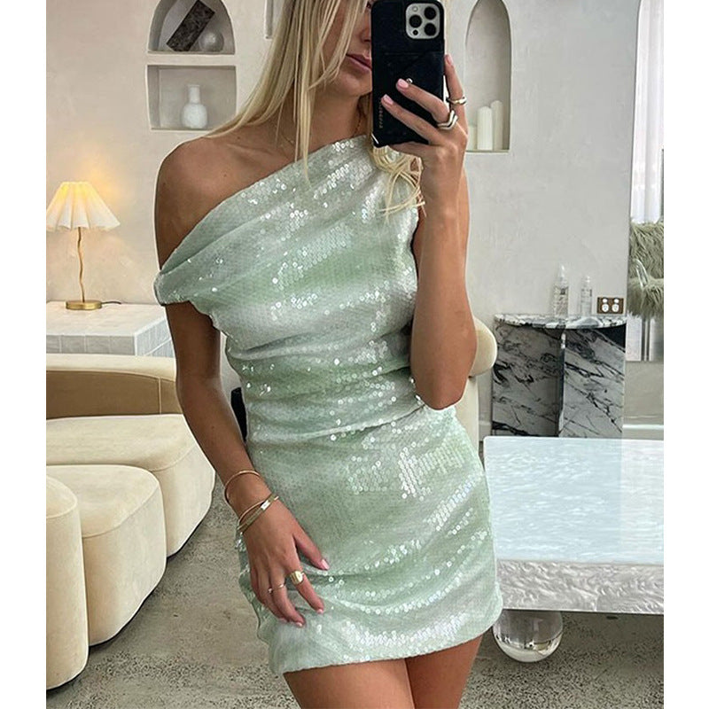 green Western-Style Off-Shoulder Sequin Dress