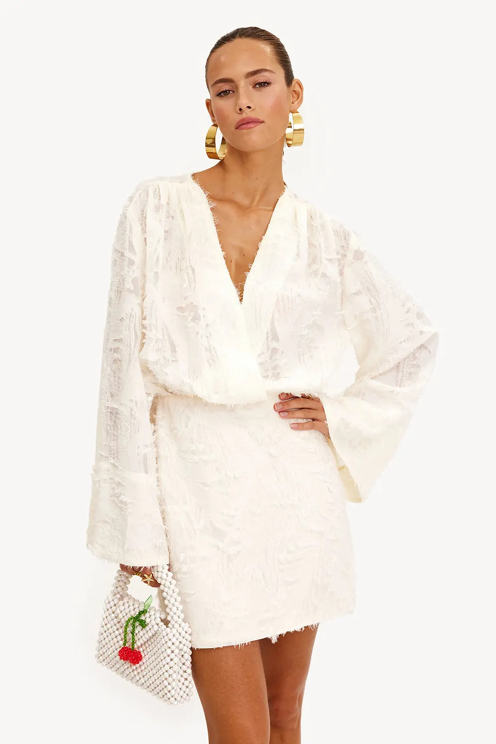 Cream apricot large flared sleeves mini dress