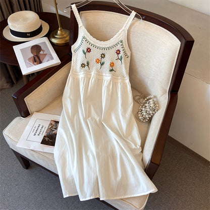 Hollow-out embroidered camisole midi dress