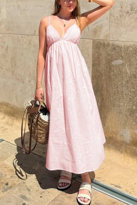 pink suspender deep V high-waisted loose dress