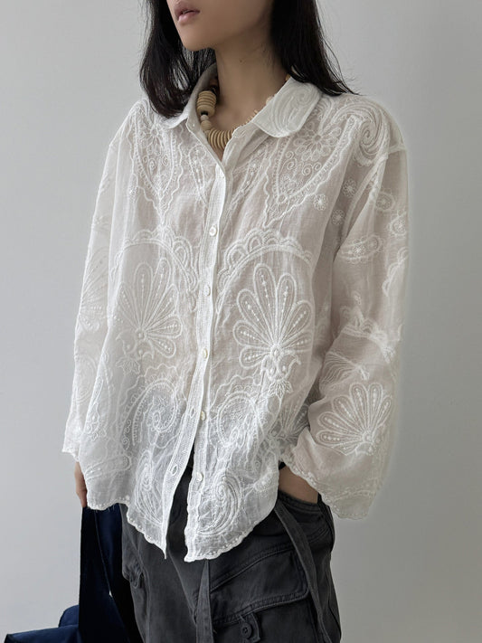 Lightweight Embroidered Paisley Cardigan Shirt - White