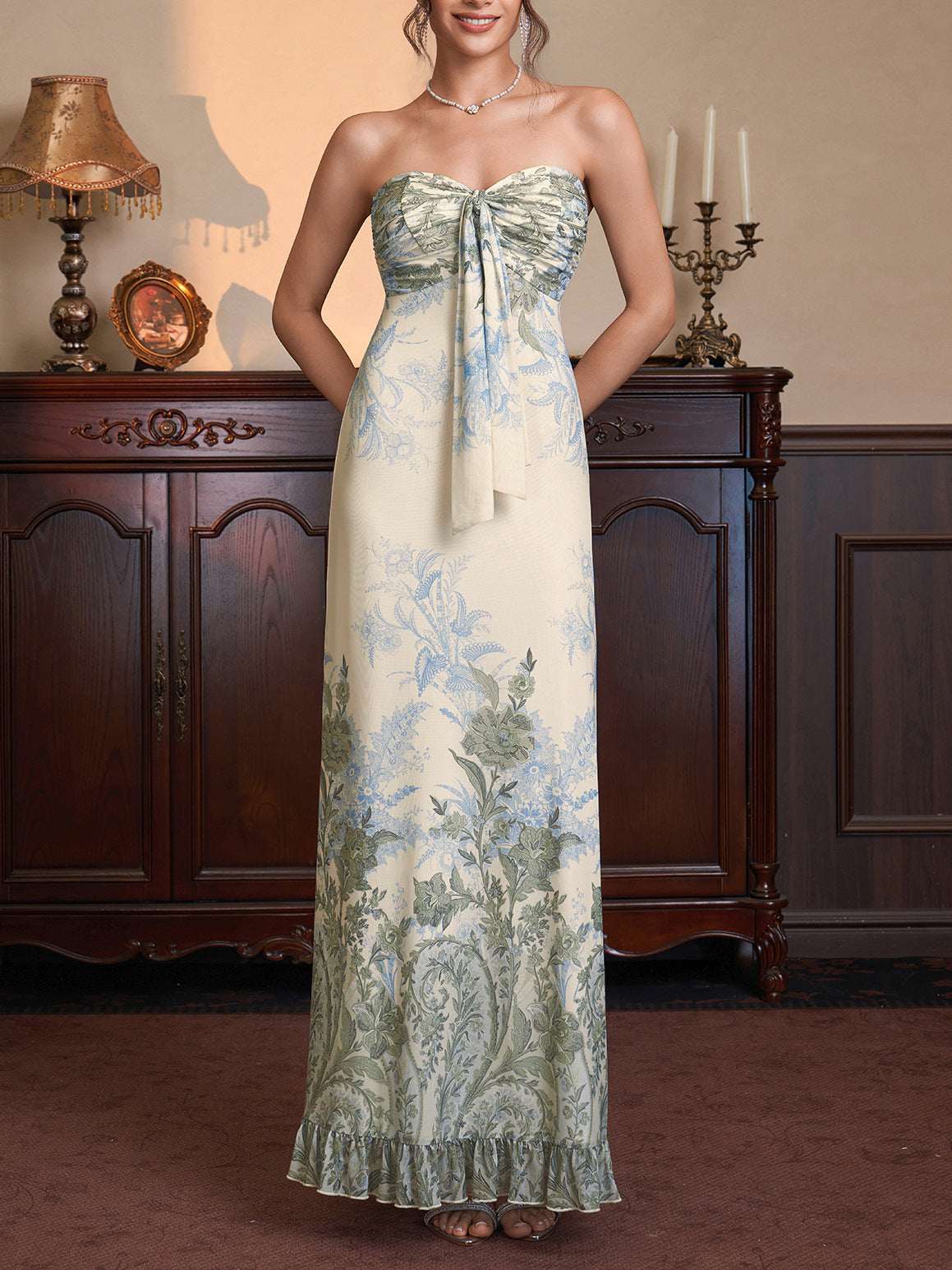 green mesh print strapless back ruffled embroidered dress