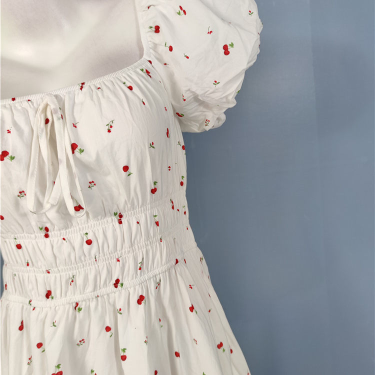 white cherry print short sleeve mini dress