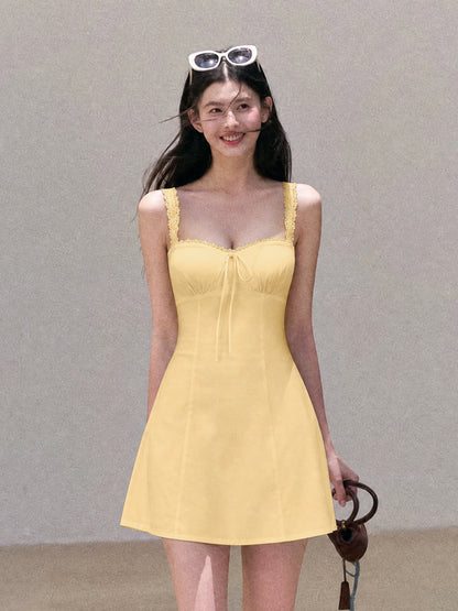 yellow Tencel Bamboo Joint strap backless mini dress