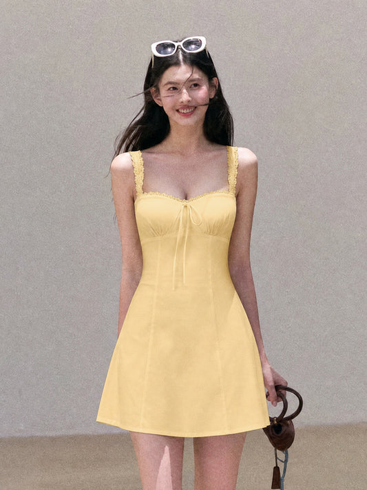 yellow Tencel Bamboo Joint strap backless mini dress