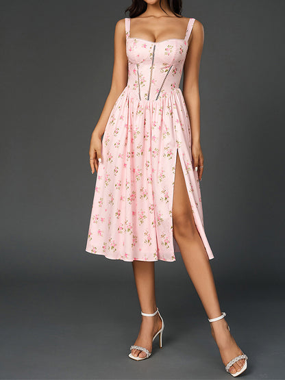 pink print high slit open back midi dress
