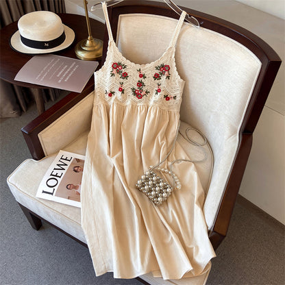 Hollow-out embroidered camisole midi dress