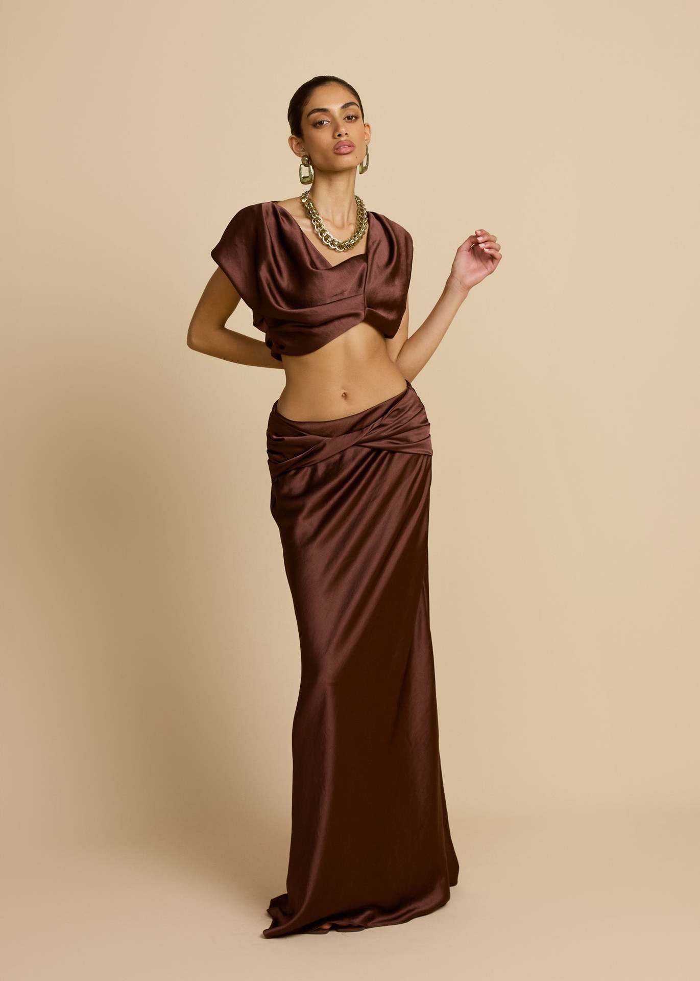brown pleated geometric splicing shape bandeau skirt suit