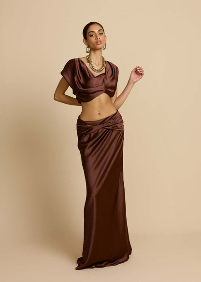 brown pleated geometric splicing shape bandeau skirt suit