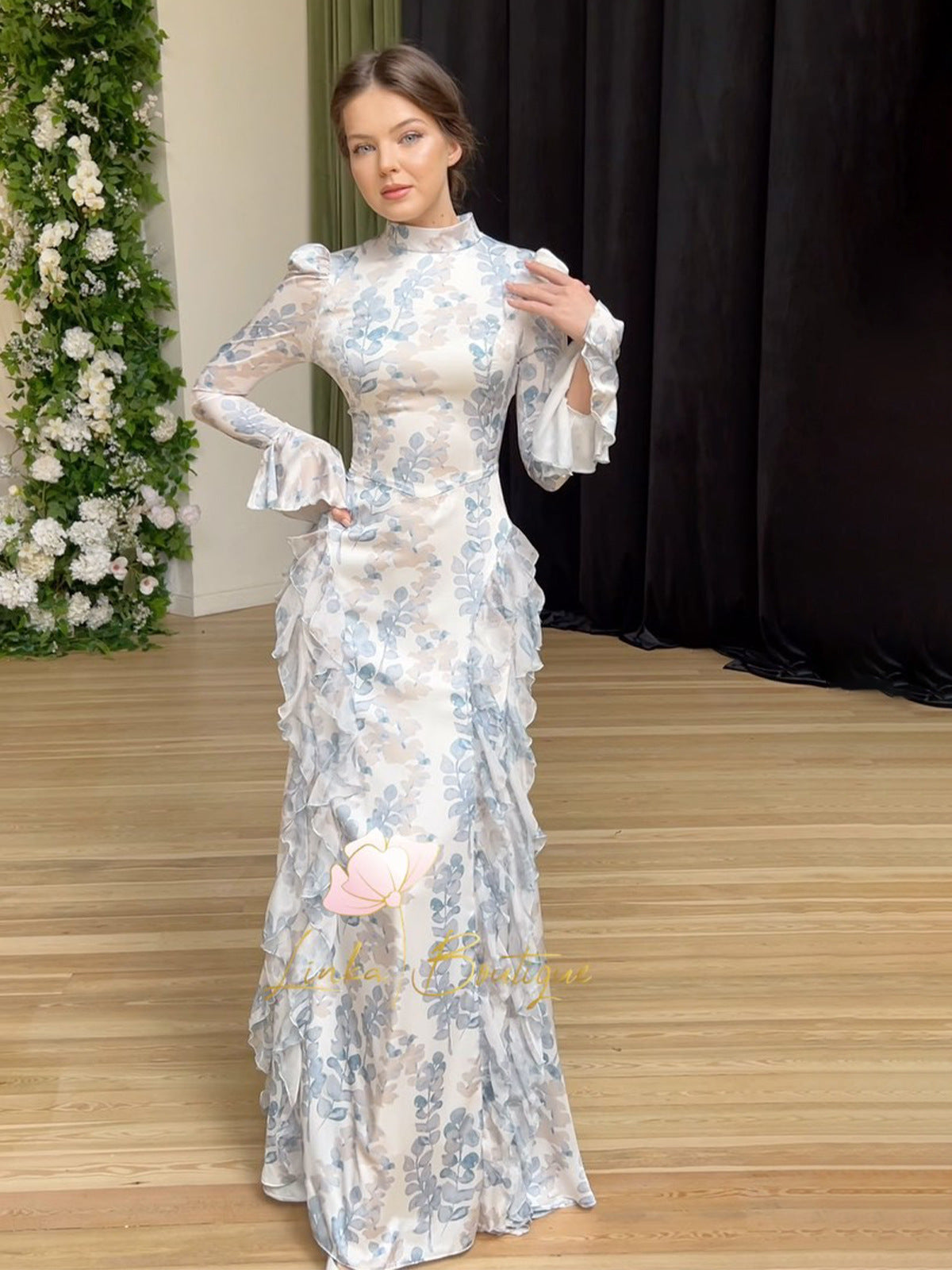 blue print satin long sleeve maxi dress