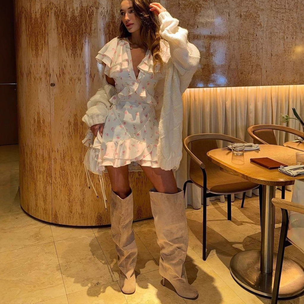 pink ruffled floral mini dress