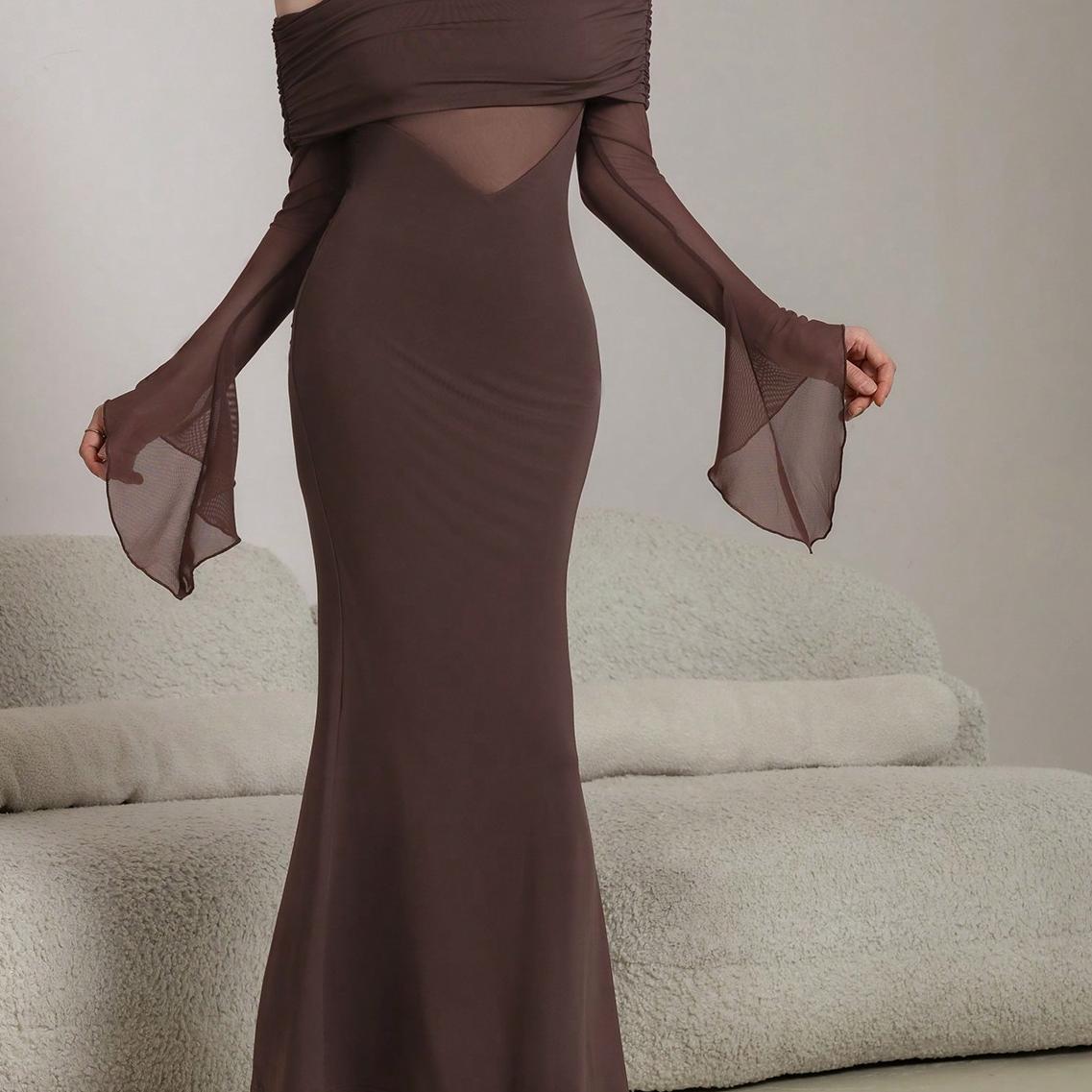 brown one-shoulder long-sleeved maxi dress