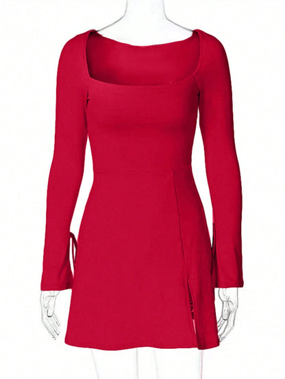 Square neck red high-waisted A-line slit mini dress