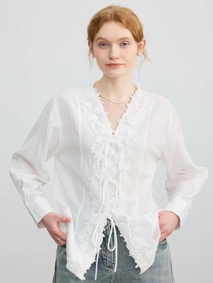 French V-neck tie-up lace embroidered jacquard shirt