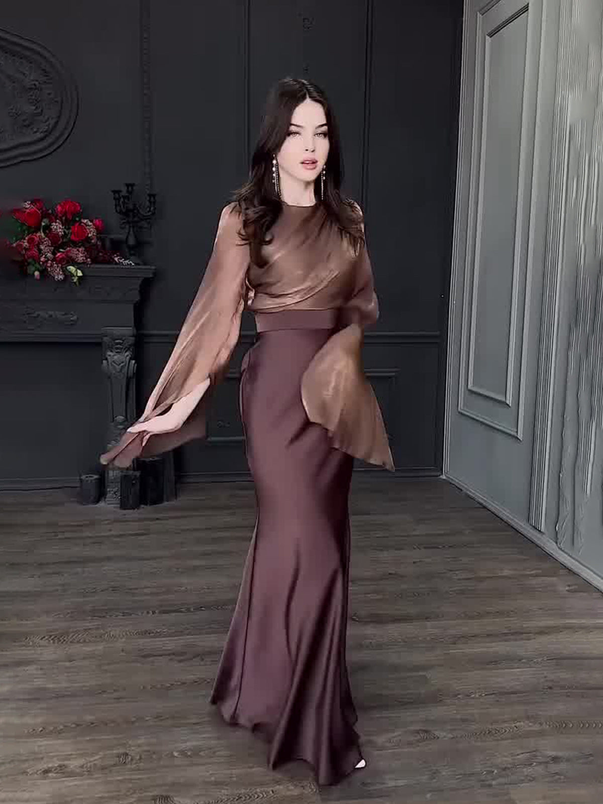 spliced large swing sleeves satin dress