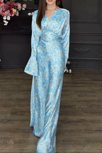 blue V-neck long-sleeved maxi dress