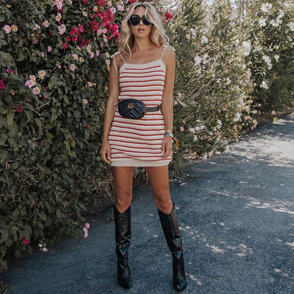 celeste red Striped knit slip mini dress