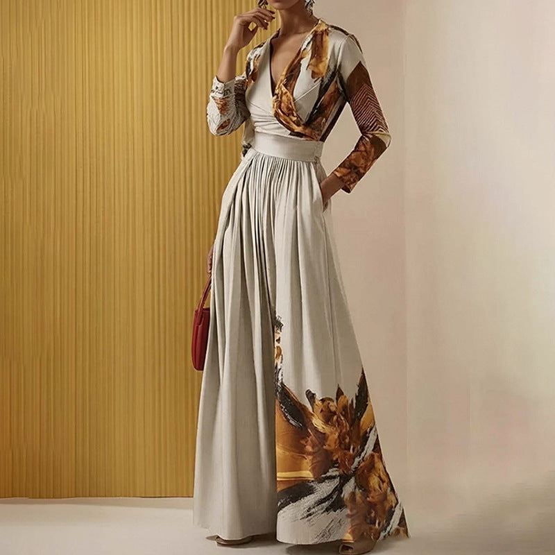 V-Neck Print Pleated Wide-leg Jumpsuit