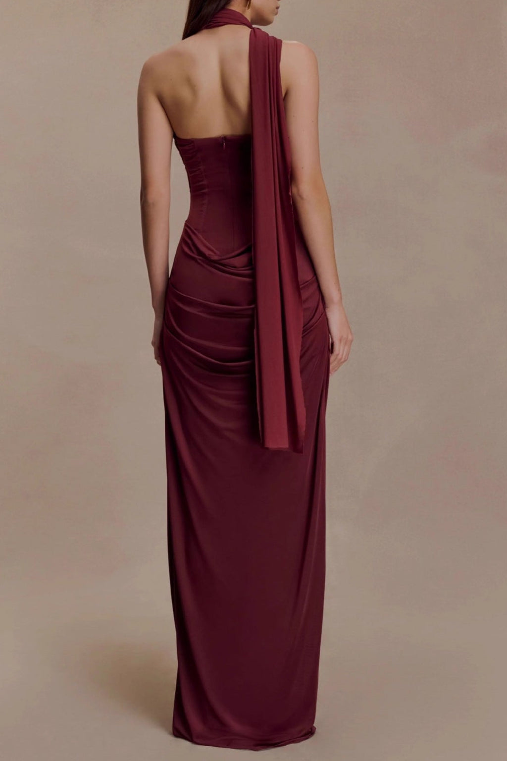 red bandeau sloping shoulder maxi dress