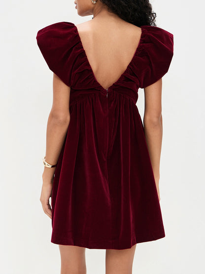 red V-neck bow gold velvet dress